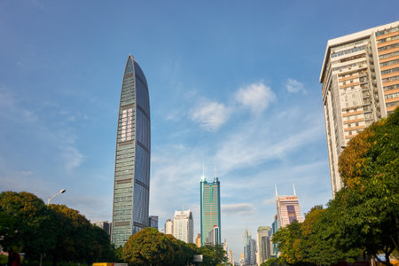 SHENZHEN, CHINA - MAY 28, 2014: Shenzhen urban landscape at daytime. Shenzhen is a major city in Guangdong Province and one of the four largest and wealthiest cities of China.のeditorial素材