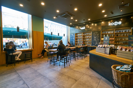 SAINT PETERSBURG, RUSSIA - CIRCA AUGUST, 2017: inside Starbucks coffee shop. Starbucks Corporation is an American coffee company and coffeehouse chain.のeditorial素材