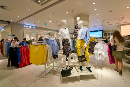 SAINT PETERSBURG, RUSSIA - CIRCA AUGUST, 2017: inside Reserved store at Galeria shopping center. Reserved is a Polish clothing store chain.のeditorial素材