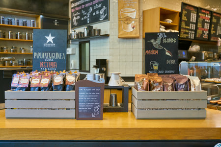 SAINT PETERSBURG, RUSSIA - CIRCA AUGUST, 2017: coffee on display at Starbucks coffee shop. Starbucks Corporation is an American coffee company and coffeehouse chain.のeditorial素材