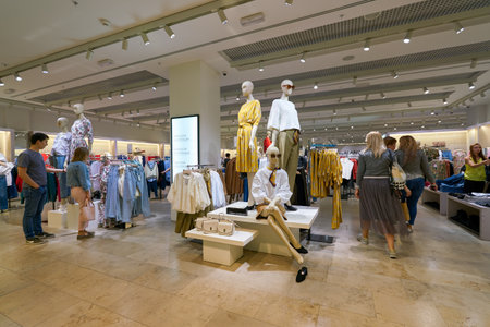 SAINT PETERSBURG, RUSSIA - CIRCA AUGUST, 2017: inside Mango store at Galeria shopping center. Mango is a clothing design and manufacturing company, founded in Barcelona, Spain.のeditorial素材