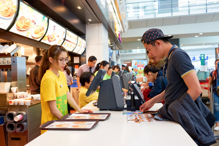 HONG KONG - CIRCA NOVEMBER, 2016: counter service in a McDonald's restaurant in Hong Kong. McDonald's, or simply McD, is an American hamburger and fast food restaurant chain.のeditorial素材