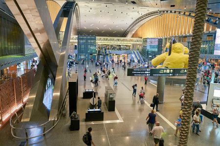 DOHA, QATAR - CIRCA MAY, 2017: inside Hamad International Airport of Doha, the capital city of Qatar.のeditorial素材