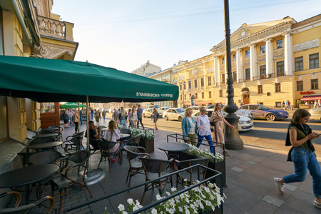 SAINT PETERSBURG, RUSSIA - CIRCA AUGUST, 2017: Starbucks coffee shop in Saint Petersburg. Starbucks Corporation is an American coffee company and coffeehouse chain.のeditorial素材