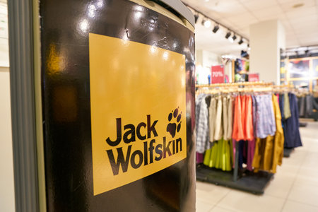 SAINT PETERSBURG, RUSSIA - CIRCA OCTOBER, 2017: close up shot of Jack Wolfskin sign at a store in Saint Petersburg. Jack Wolfskin is a major German producer of outdoor wear.のeditorial素材