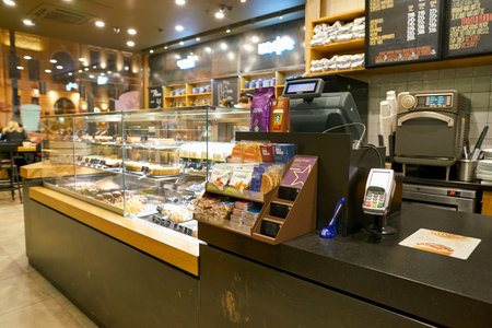 SAINT PETERSBURG, RUSSIA - CIRCA OCTOBER, 2017: inside a Starbucks coffee shop in Saint Petersburg....