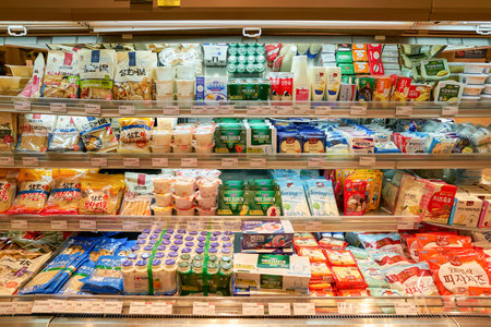 BUSAN, SOUTH KOREA - MAY 28, 2017: multideck display stand for diary at Super Market at Lotte Department Store in Busan.のeditorial素材