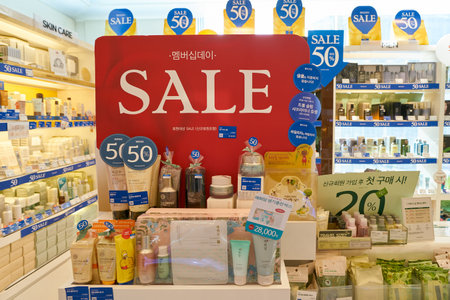BUSAN, SOUTH KOREA - MAY 28, 2017: cosmetic products sit on display for sale at a store at Lotte Department Store.のeditorial素材
