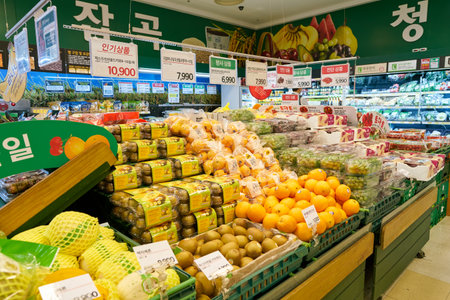 BUSAN, SOUTH KOREA - CIRCA MAY, 2017: inside a supermarket in Busan.のeditorial素材