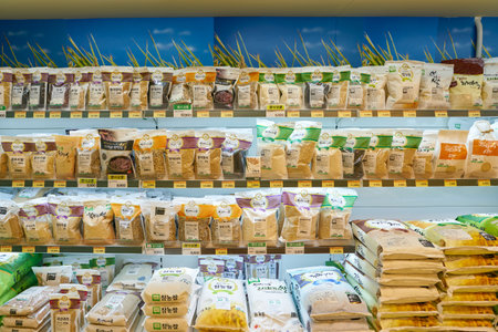 BUSAN, SOUTH KOREA - CIRCA MAY, 2017: shelves with food at supermarket in Busan.