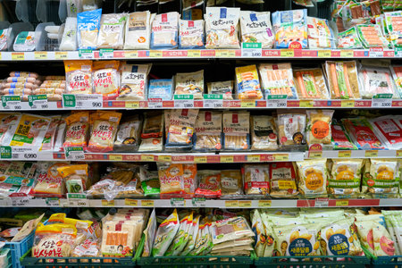 BUSAN, SOUTH KOREA - CIRCA MAY, 2017: shelves with food at supermarket in Busan.のeditorial素材