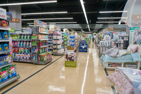 BUSAN, SOUTH KOREA - MAY 25, 2017: inside a Lotte Mart in Busan. Lotte Mart is an east Asian hypermarket that sells a variety of groceries, clothing, toys, electronics, and other goods.のeditorial素材