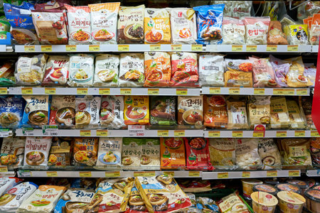 BUSAN, SOUTH KOREA - CIRCA MAY, 2017: shelves with food at supermarket in Busan.のeditorial素材