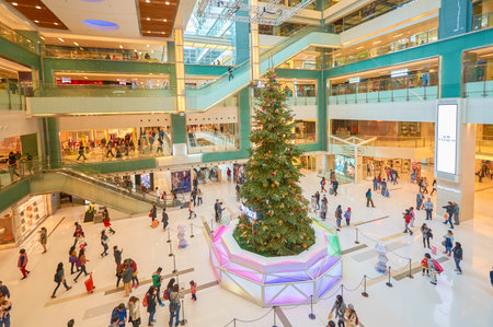 HONG KONG - DECEMBER 26, 2015: Xmas tree at New Town Plaza. New Town Plaza is a shopping mall in the town centre of Sha Tin in Hong Kong.のeditorial素材