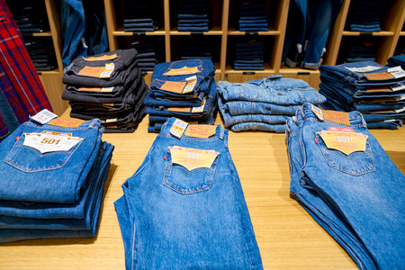 ROME, ITALY - CIRCA NOVEMBER, 2017: jeans on display at a second flagship store of Rinascente in Rome.のeditorial素材