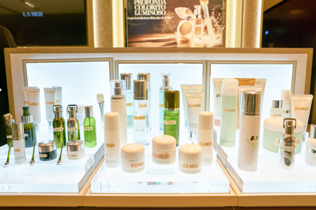 ROME, ITALY - CIRCA NOVEMBER, 2017: La Mer beauty products sit on display at a second flagship store of Rinascente in Rome.のeditorial素材