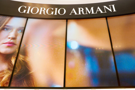 ROME, ITALY - CIRCA NOVEMBER, 2017: Giorgio Armani sign and screen at a second flagship store of Rinascente in Rome.のeditorial素材