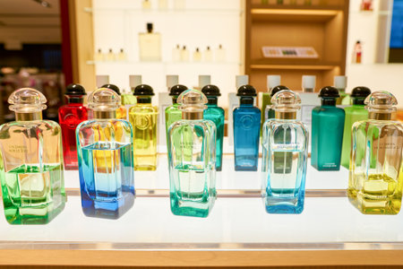 ROME, ITALY - CIRCA NOVEMBER, 2017: bottles of Hermes fragrance sit on display at a second flagship store of Rinascente in Rome.のeditorial素材