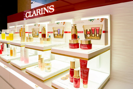 ROME, ITALY - CIRCA NOVEMBER, 2017: Clarins beauty products sit on display at a second flagship store of Rinascente in Rome. Clarins is a French luxury skin care, cosmetics and perfume companyのeditorial素材