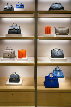 ROME, ITALY - CIRCA NOVEMBER, 2017: Bottega Veneta bags sit on display at a second flagship store of Rinascente in Rome.のeditorial素材