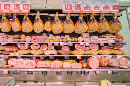 ROME, ITALY - CIRCA NOVEMBER 2017: stalls filled with meat products are seen in Conad supermarket in Rome.のeditorial素材