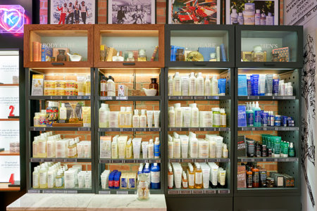 ROME, ITALY - CIRCA NOVEMBER, 2017: Kiehl's cosmetics sit on display. Kiehl's is an American cosmetics brand retailer that specializes in premium skin, hair, and body care products.のeditorial素材