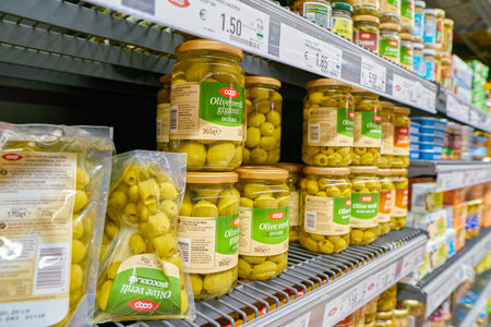 ROME, ITALY - CIRCA NOVEMBER 2017: stalls filled with food products are seen in a grocery store in Rome.のeditorial素材