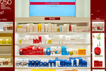 ROME, ITALY - CIRCA NOVEMBER, 2017: Clarins beauty products sit on display at a second flagship...