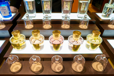 ROME, ITALY - CIRCA NOVEMBER, 2017: bottles of Acqua di Parma fragrance sit on display at a second...
