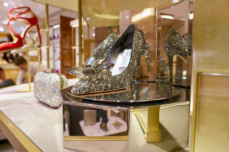 ROME, ITALY - CIRCA NOVEMBER, 2017: Jimmy Choo Cinderella Edit shoes on display at a second flagship store of Rinascente in Rome.のeditorial素材
