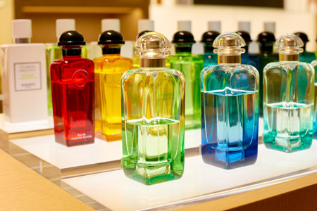 ROME, ITALY - CIRCA NOVEMBER, 2017: bottles of Hermes fragrance sit on display at a second flagship store of Rinascente in Rome.のeditorial素材