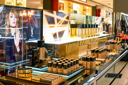 ROME, ITALY - CIRCA NOVEMBER, 2017: Yves Saint Laurent cosmetics sit on display at a second flagship store of Rinascente in Rome.のeditorial素材