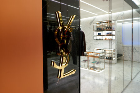 ROME, ITALY - CIRCA NOVEMBER, 2017: close up shot of Yves Saint Laurent sign at a second flagship...