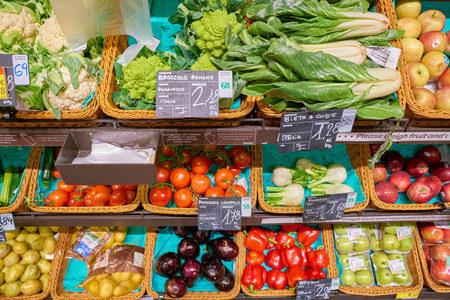 ROME, ITALY - CIRCA NOVEMBER 2017: food on display at Carrefour Express store in Rome. Carrefour Express is a convenience store chain owned and operated by French retailer Carrefour.のeditorial素材