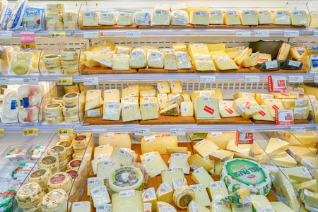ROME, ITALY - CIRCA NOVEMBER 2017: cheese on display in a grocery store in Rome.のeditorial素材