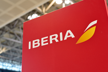 MILAN MALPENSA, ITALY - CIRCA NOVEMBER, 2017: close up shot of Iberia sign at Milan-Malpensa...