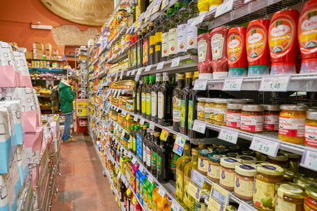 ROME, ITALY - CIRCA NOVEMBER 2017: inside Carrefour Express store in Rome. Carrefour Express is a convenience store chain owned and operated by French retailer Carrefour.のeditorial素材