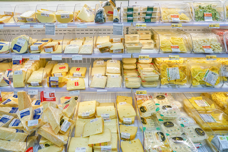 ROME, ITALY - CIRCA NOVEMBER 2017: cheese on display in a grocery store in Rome.のeditorial素材