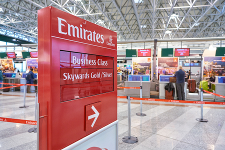 MILAN MALPENSA, ITALY - CIRCA NOVEMBER, 2017: Emirates Airlines check-in area at Milan-Malpensa airport, Terminal 1.のeditorial素材