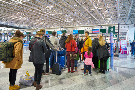MILAN MALPENSA, ITALY - CIRCA NOVEMBER, 2017: check-in area at Milan-Malpensa airport, Terminal 1.のeditorial素材