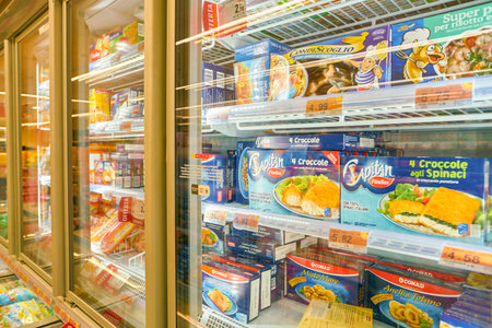ROME, ITALY - CIRCA NOVEMBER 2017: food at fridge in a grocery store in Rome.のeditorial素材