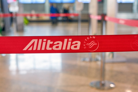 MILAN MALPENSA, ITALY - CIRCA NOVEMBER, 2017: close up shot of Alitalia sign at Milan-Malpensa airport.のeditorial素材