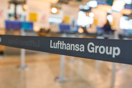 MILAN MALPENSA, ITALY - CIRCA NOVEMBER, 2017: close up shot of Lufthansa Group sign at Milan-Malpensa airport.のeditorial素材