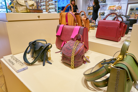 MILAN, ITALY - CIRCA NOVEMBER, 2017: bags on display at Rinascente. Rinascente is a collection of high-end stores.のeditorial素材