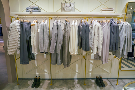 MILAN, ITALY - CIRCA NOVEMBER, 2017: various of clothes on display at Rinascente. Rinascente is a collection of high-end stores.のeditorial素材