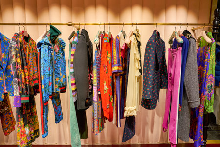 MILAN, ITALY - CIRCA NOVEMBER, 2017: various of Gucci clothes on display at Rinascente. Rinascente is a collection of high-end stores.のeditorial素材