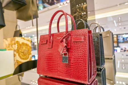 MILAN, ITALY - CIRCA NOVEMBER, 2017: close up shot of Saint Laurent bag on display at Rinascente. Rinascente is a collection of high-end stores.のeditorial素材