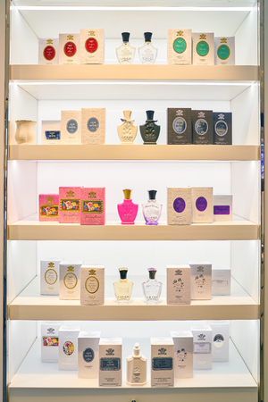 MILAN, ITALY - CIRCA NOVEMBER, 2017: perfumes on display at Rinascente. Rinascente is a collection of high-end stores.のeditorial素材