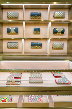 MILAN, ITALY - CIRCA NOVEMBER, 2017: Gucci bags on display at Rinascente. Rinascente is a collection...