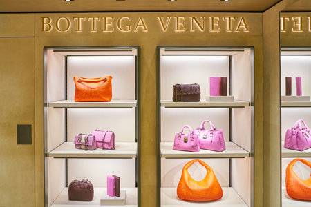 MILAN, ITALY - CIRCA NOVEMBER, 2017: Bottega Veneta bags on display at Rinascente. Rinascente is a collection of high-end stores.のeditorial素材